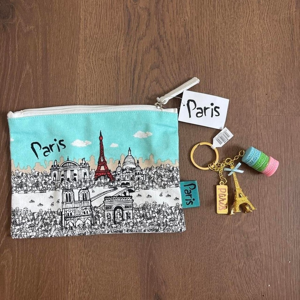 Paris Eiffel Tower Skyline Canvas Pouch and Macaron Keychain Set Blue White